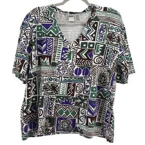 Vintage 90s Star Cody Geometric Tribal Print‎ V-Neck Cotton Shirt Made USA Large